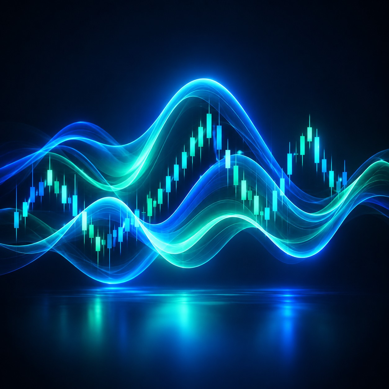 Abstract waves of light representing market volatility across currency charts